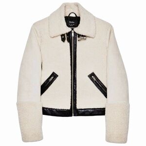 Bershka Faux Shearling Fleece Aviator Jacket Ivory/Black Size L (Fits S–M or M)
